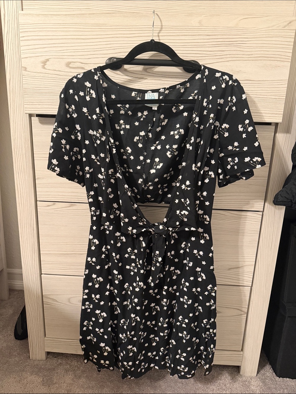 Floral Tie-Front Black Dress